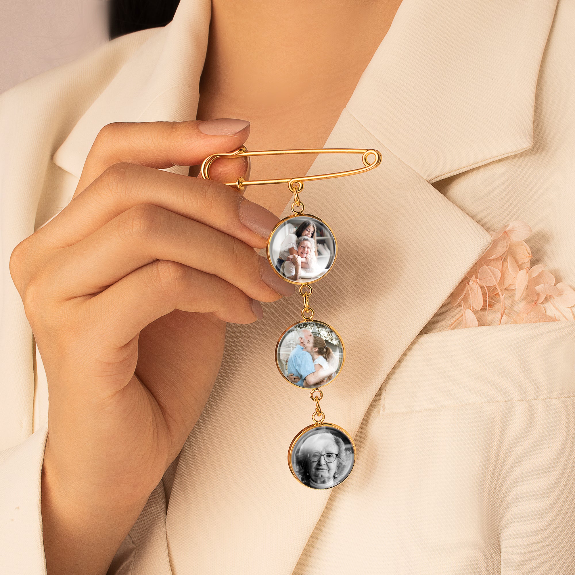 Vertical Wedding Round Photo Brooch Pin