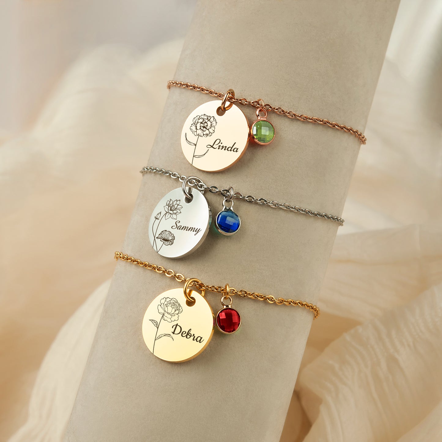 Custom Birthstone and Round Birth Flower Charm Bracelet