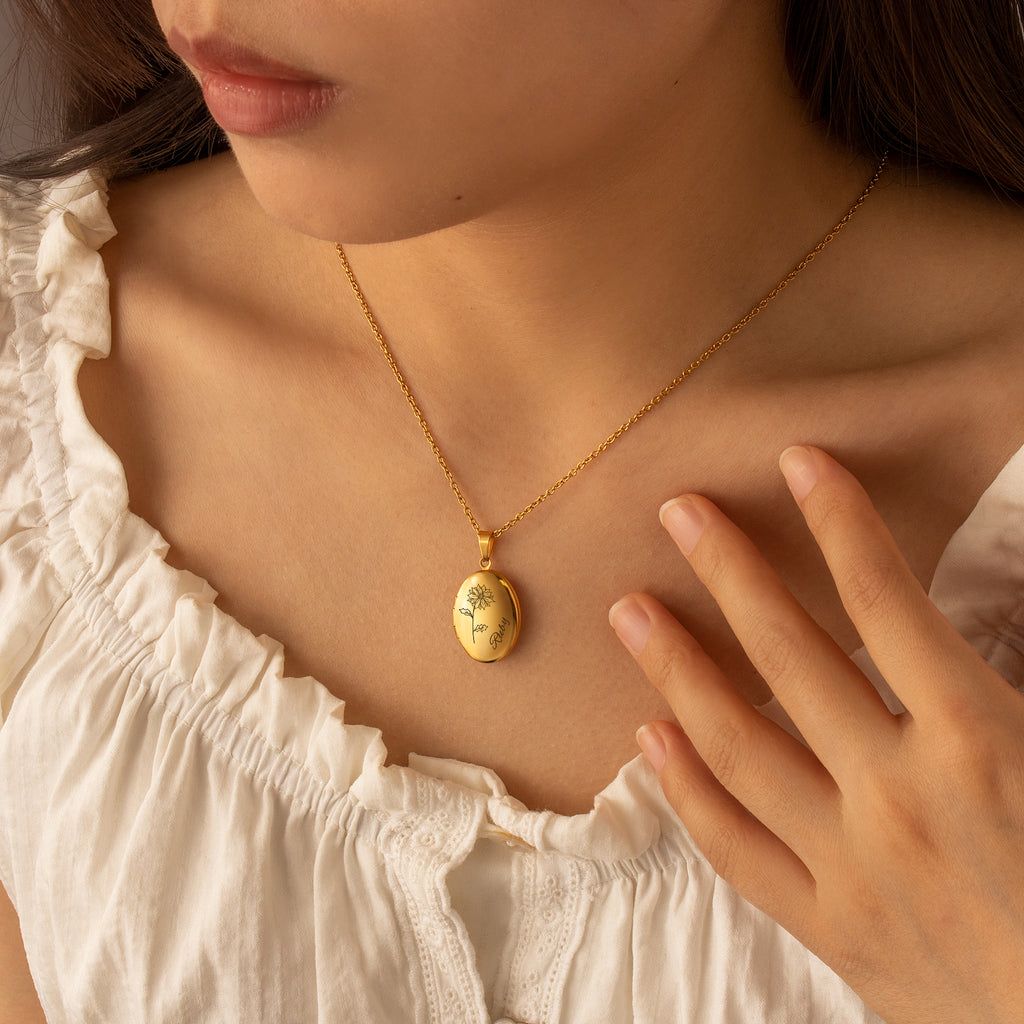 Oval Birth Flower and Name Photo Locket Necklace