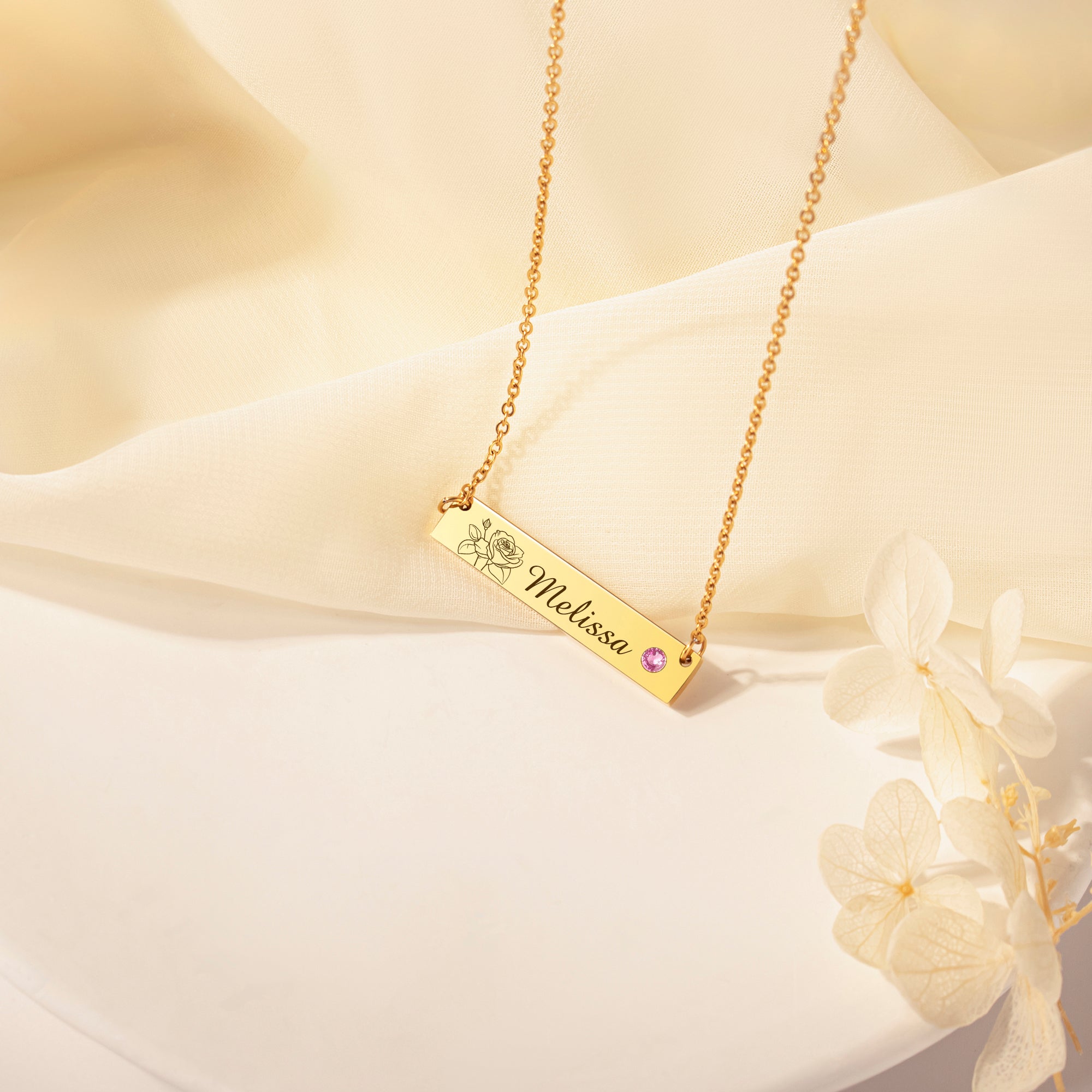 Birthstone Bar Flower and Name Necklace
