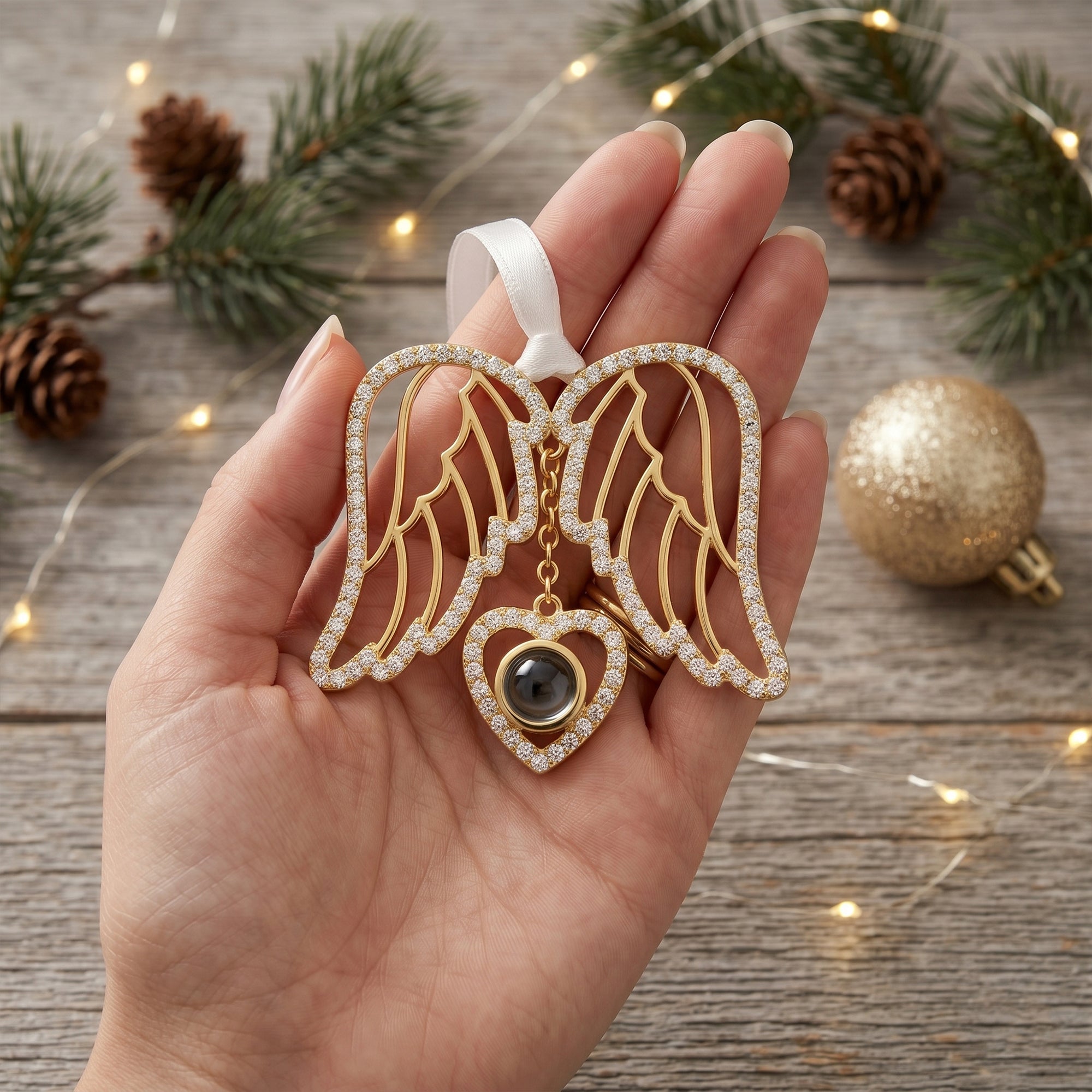 Custom Rhinestone Heart Wings Photo Projection Memorial Ornament