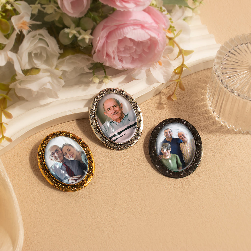 Vintage Oval Floral Memorial Wedding Photo Brooch