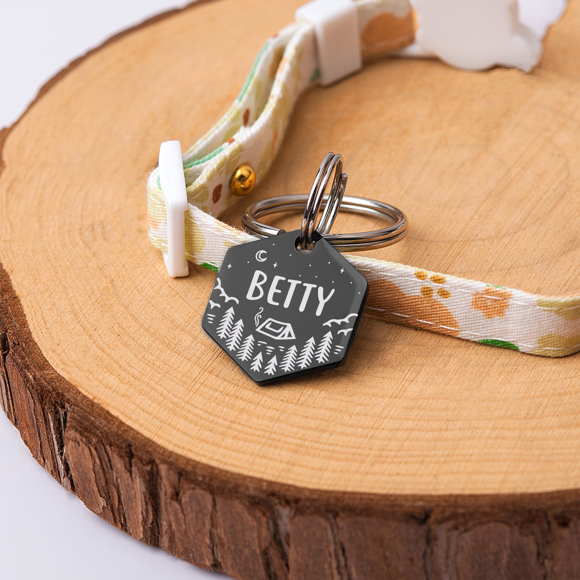 Camping in the Woods Hexagon Shaped Pet ID Tag