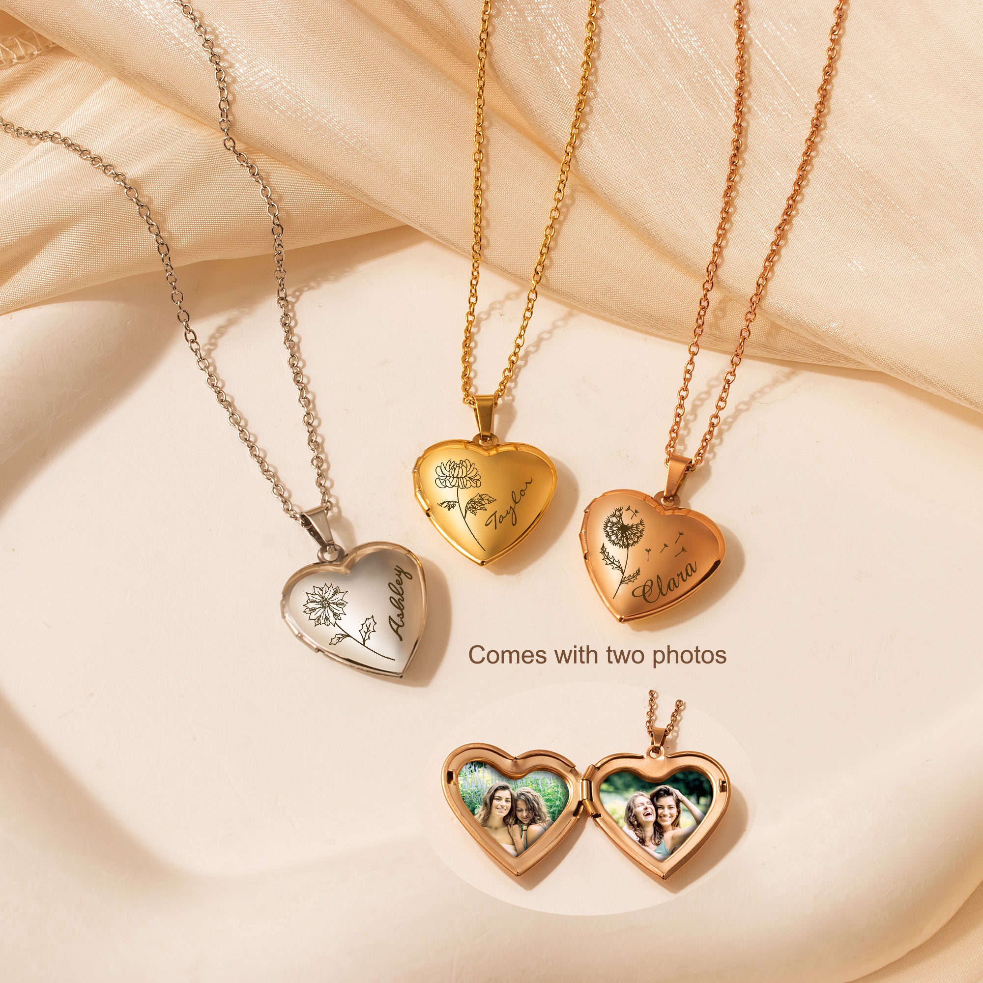 Personalized Birth Flower and Name Heart Photo Locket