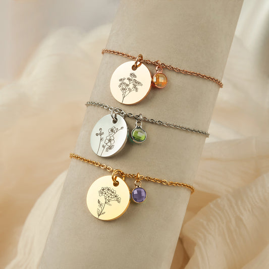 Custom Birth Flower and Birthstone Charm Bracelet