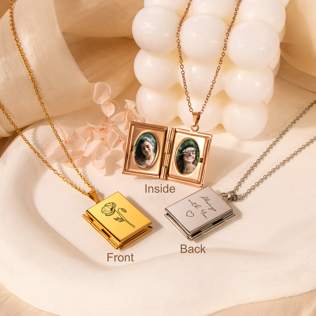Square Birth Flower Photo Locket Necklace