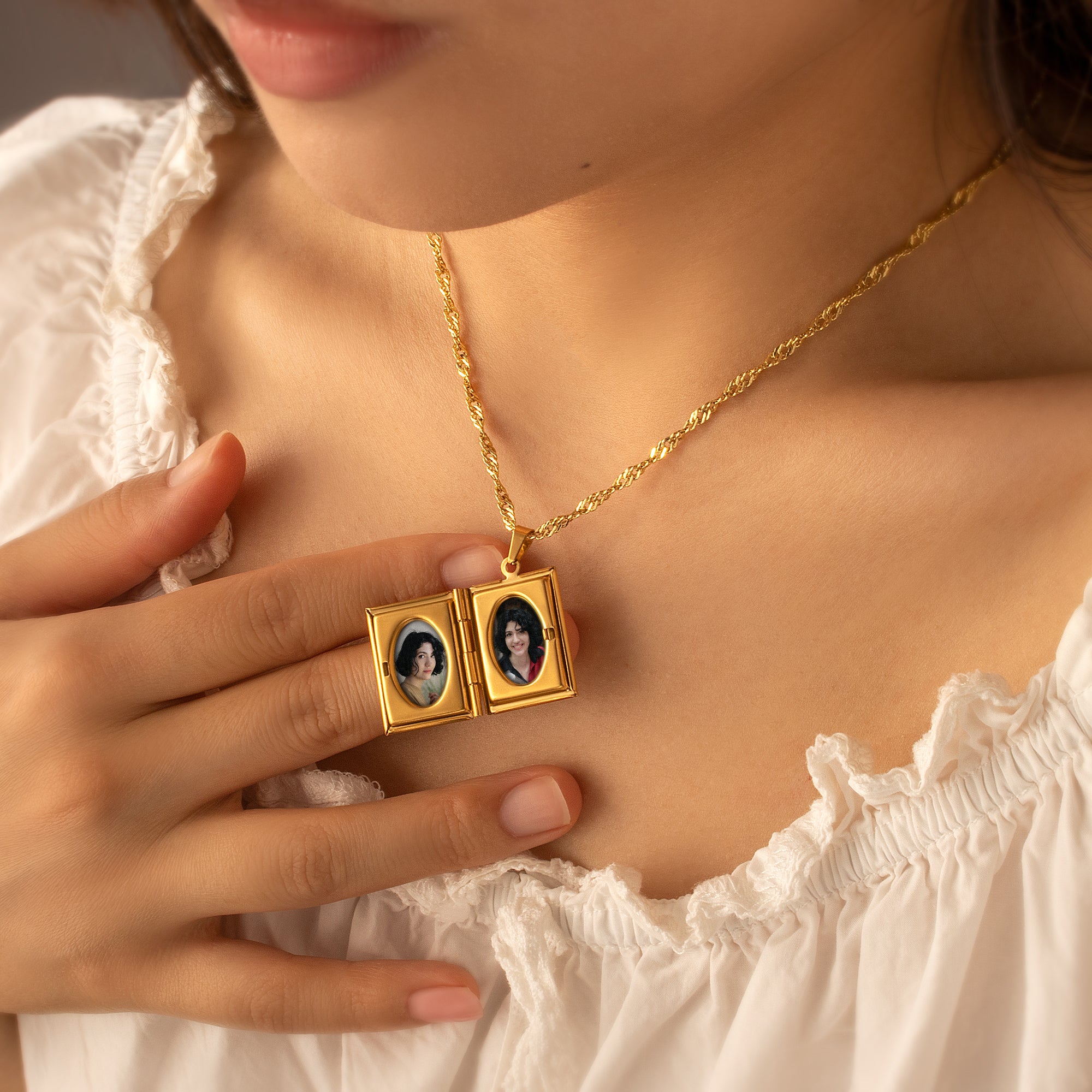 Square Birth Flower and Name Photo Locket Necklace