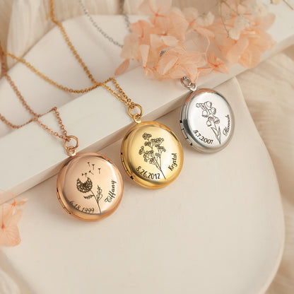 Custom Birth Flower Name and Date Photo Locket Necklace