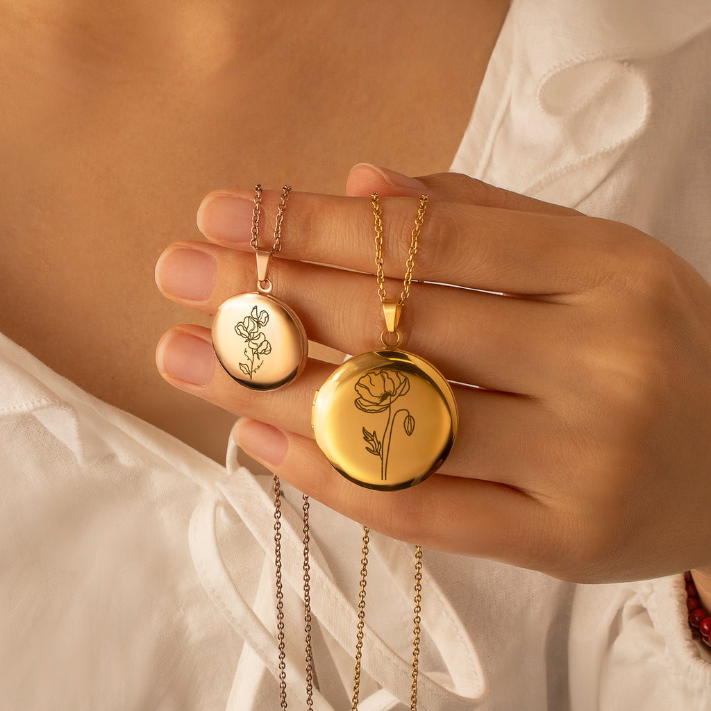 Round Birth Flower Photo Locket Necklace