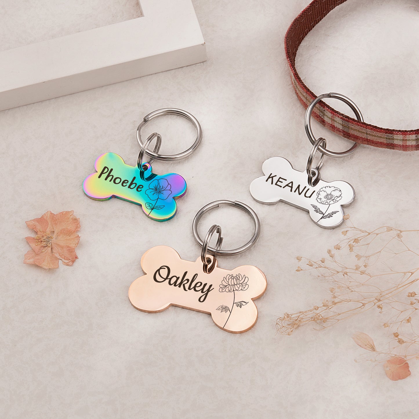 Customized Dog Bone Shaped Birth Flower ID Tag for Dogs