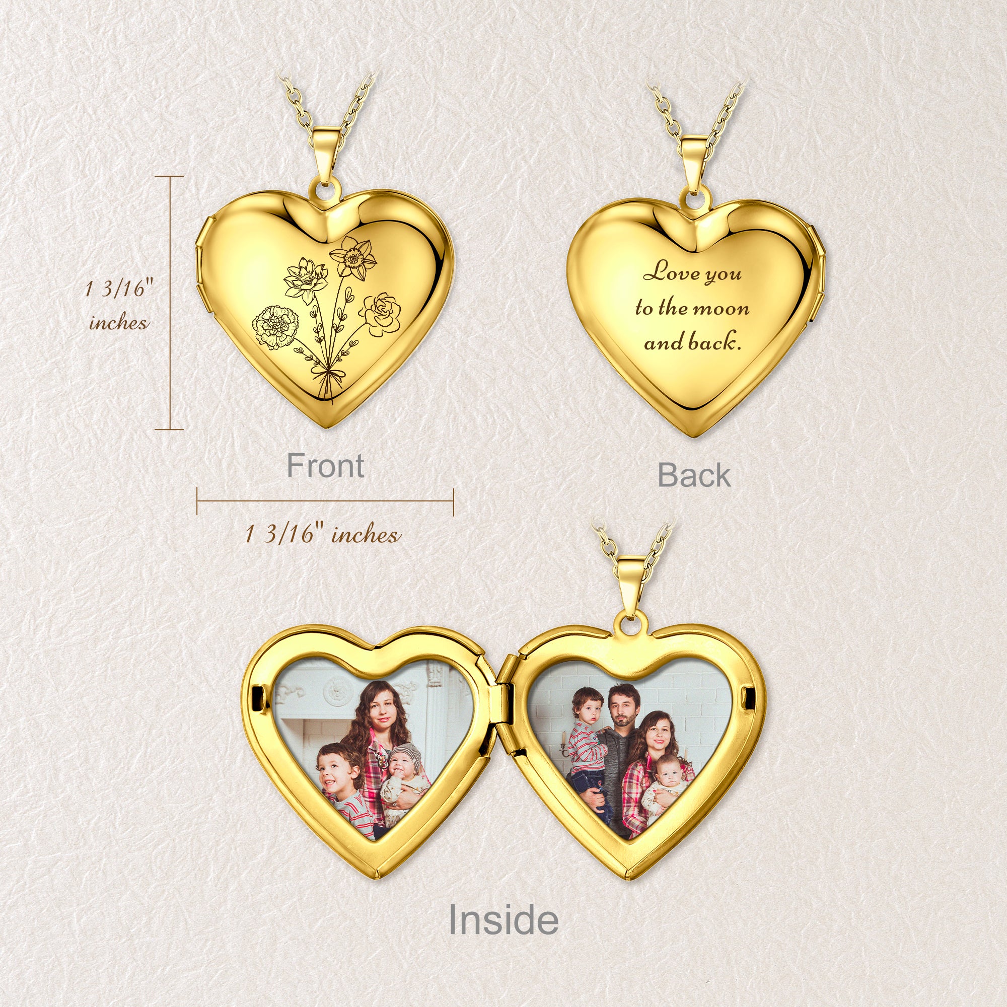 Flower Bouquet Heart Photo Locket Necklace