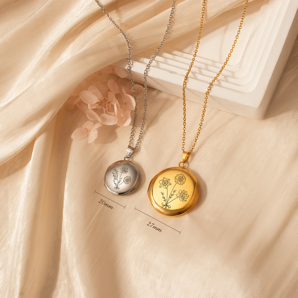 Round Birth Flower Bouquet Photo Locket Necklace