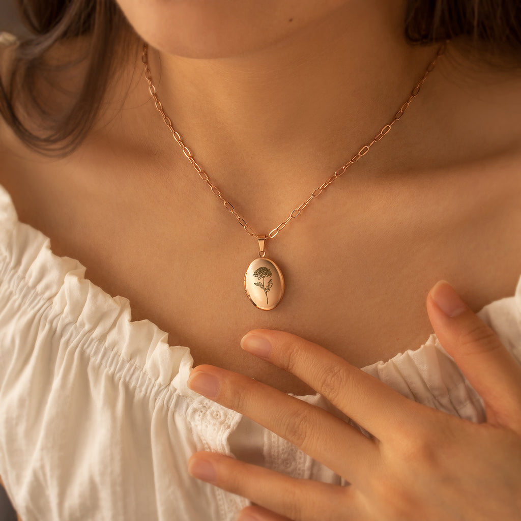 Oval Birth Flower Photo Locket Necklace