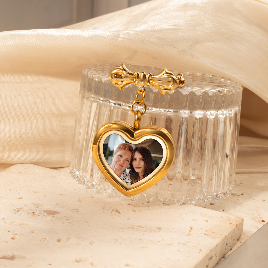 Glass Heart Graduation Photo Locket Brooch Pin