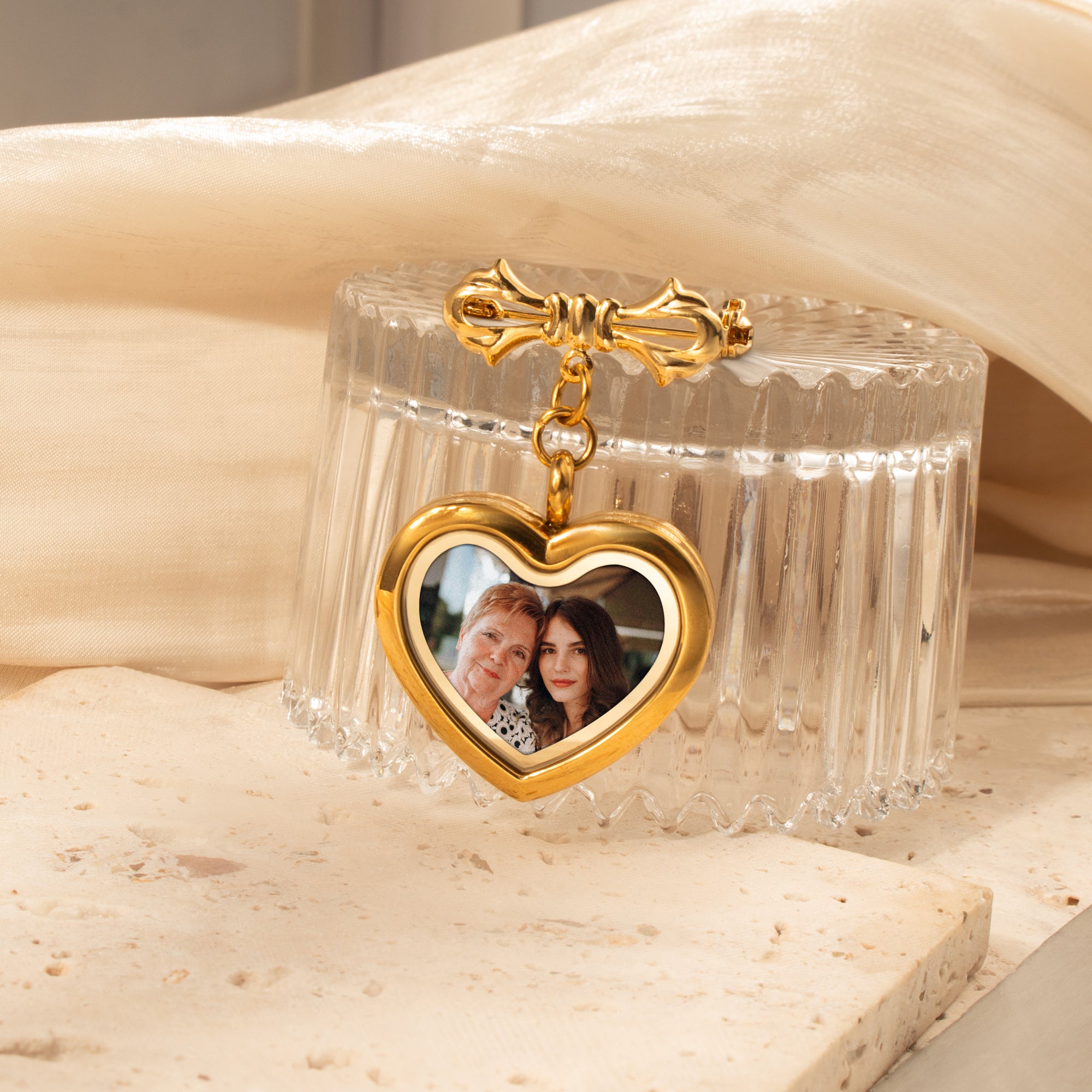 Glass Heart Graduation Photo Locket Brooch Pin