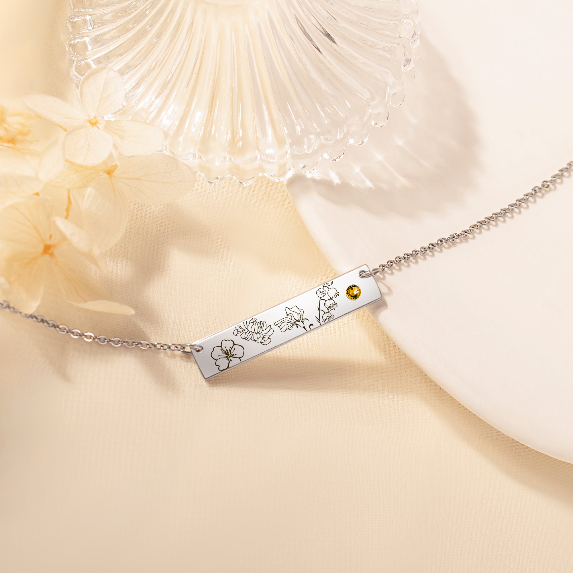 1-4 Birth Flower Birthstone Bar Necklace