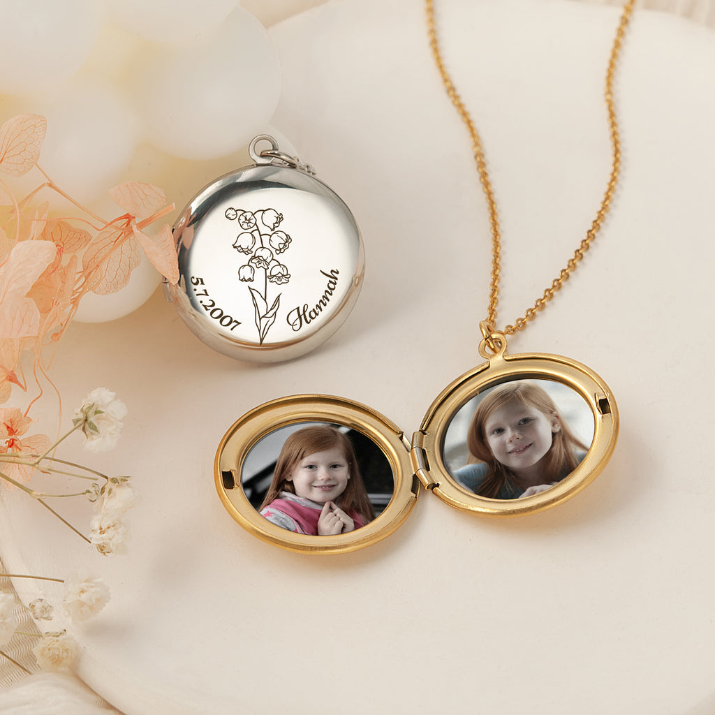 Custom Birth Flower Name and Date Photo Locket Necklace