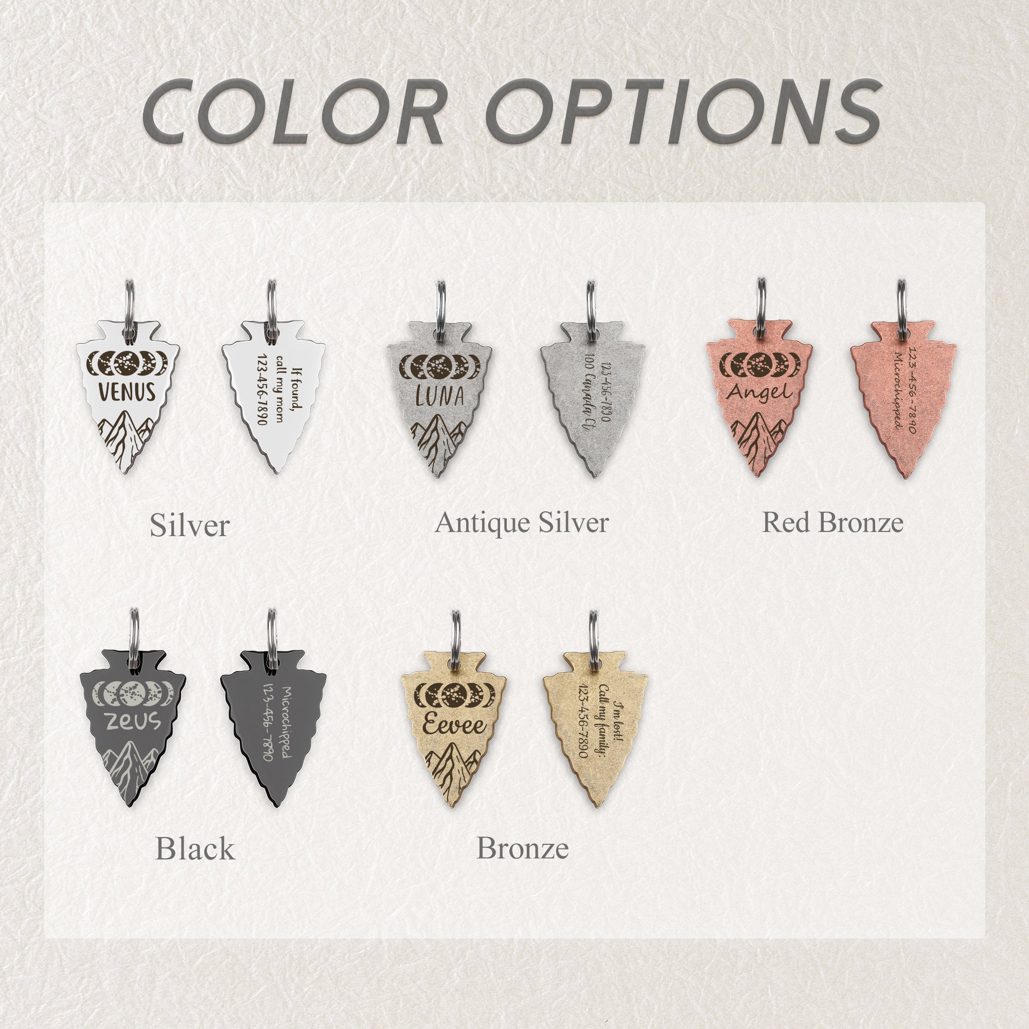 Personalized Arrowhead Shaped Moon Phase Themed Pet ID Dog Tag