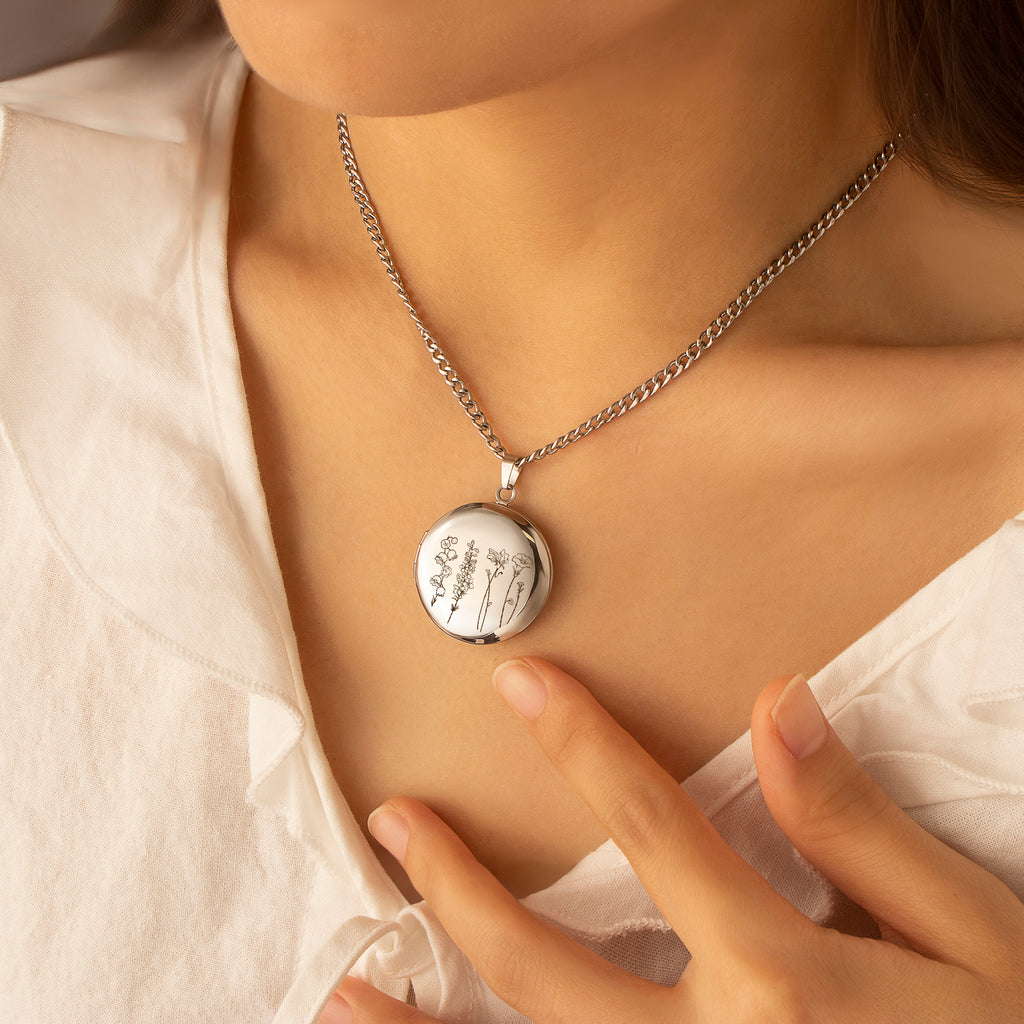Round Birth Flower Garden Photo Locket Necklace