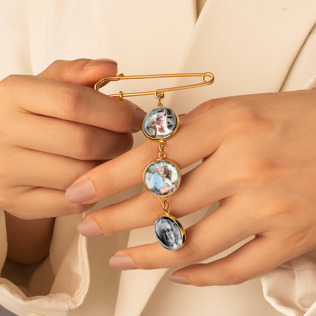 Vertical Wedding Round Photo Brooch Pin