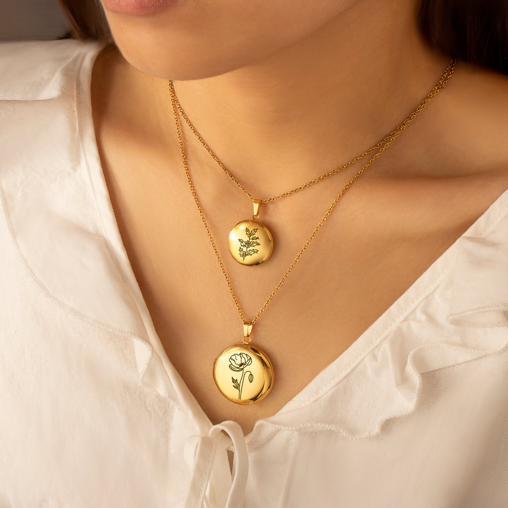 Round Birth Flower Photo Locket Necklace