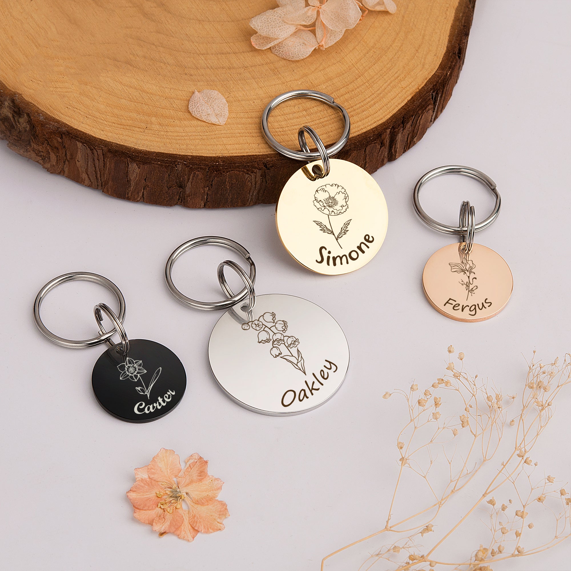 Round Birth Flower ID Tag for Cats and Dogs