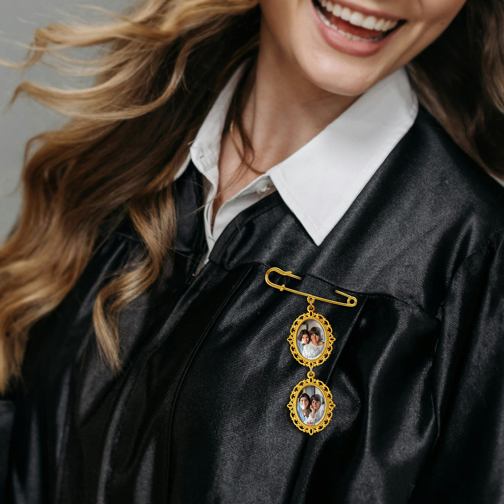 Vertical Graduation Oval Photo Brooch Pin