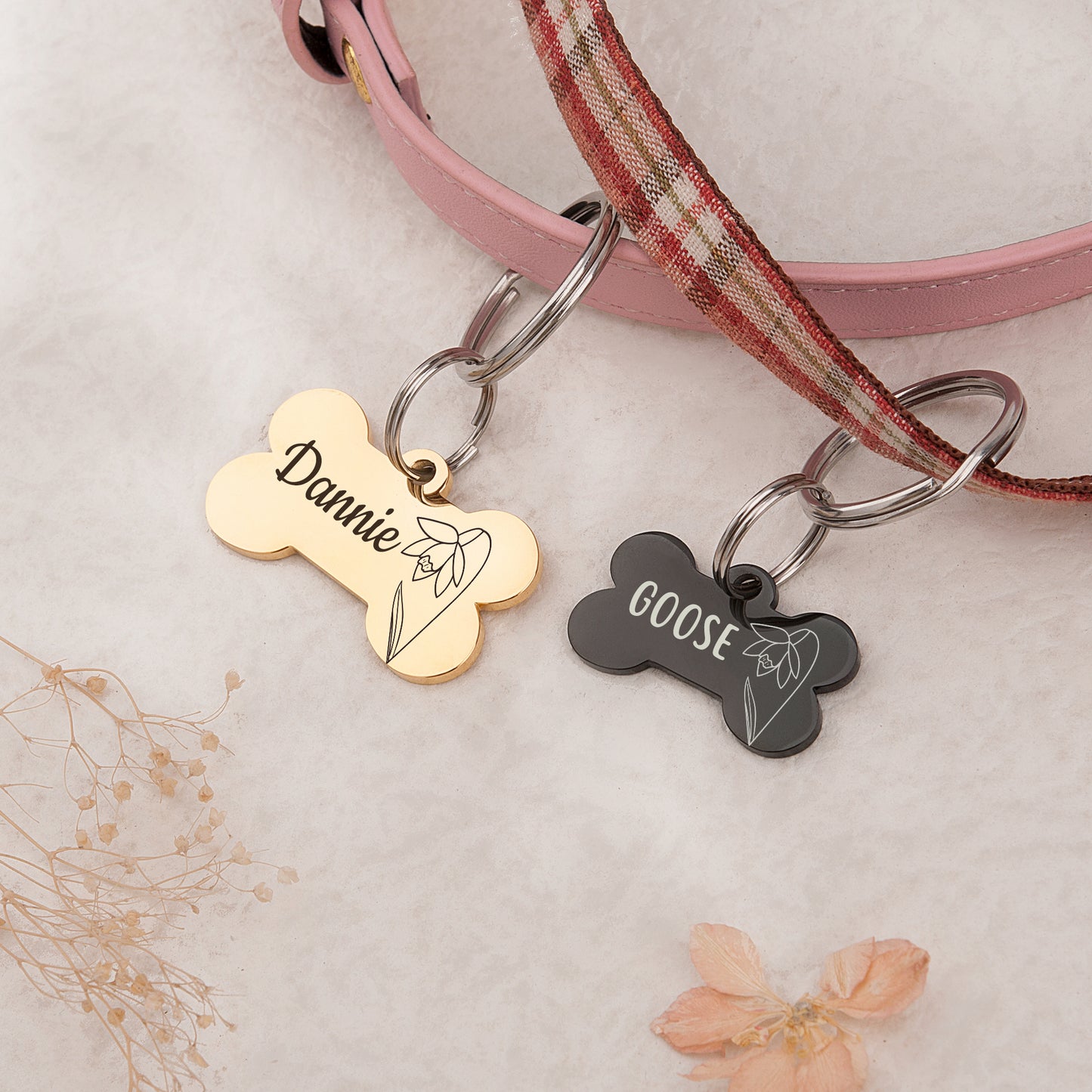 Customized Dog Bone Shaped Birth Flower ID Tag for Dogs