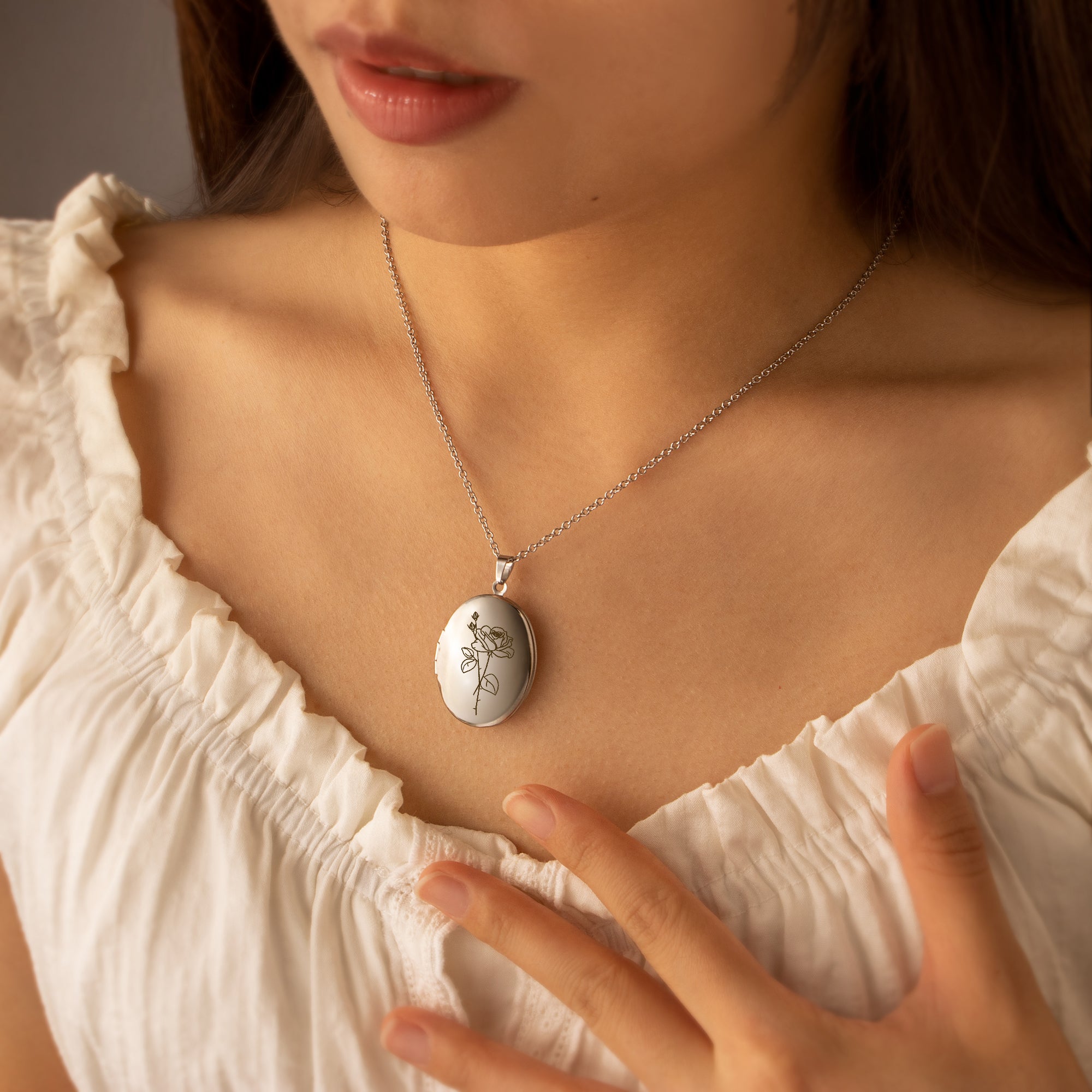 Oval Birth Flower Photo Locket Necklace