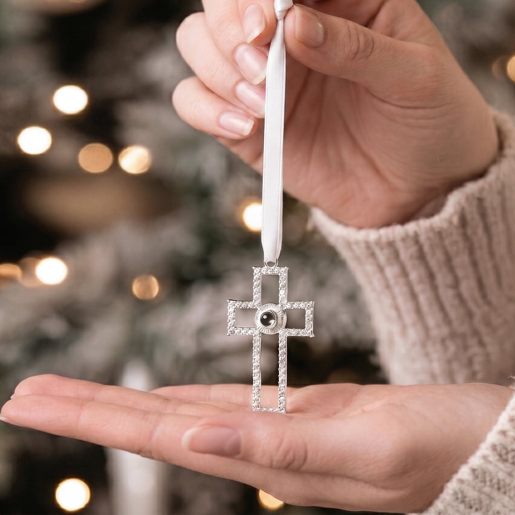 Custom Rhinestone Cross Photo Projection Memorial Ornament