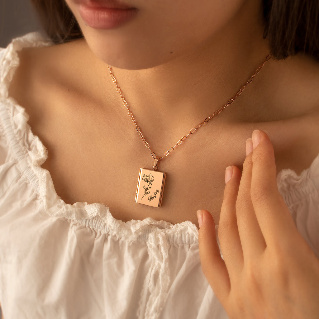 Square Birth Flower and Name Photo Locket Necklace