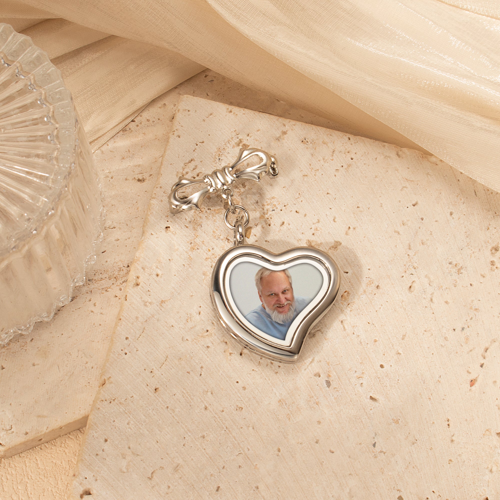 Glass Sideways Heart Photo Locket Brooch Pin