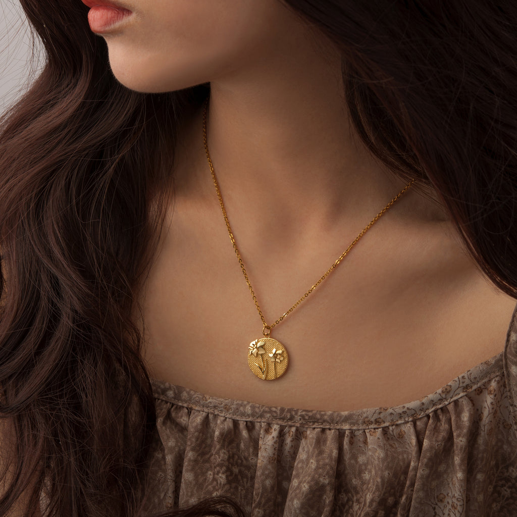 Embossed 3D Birth Flower Necklace