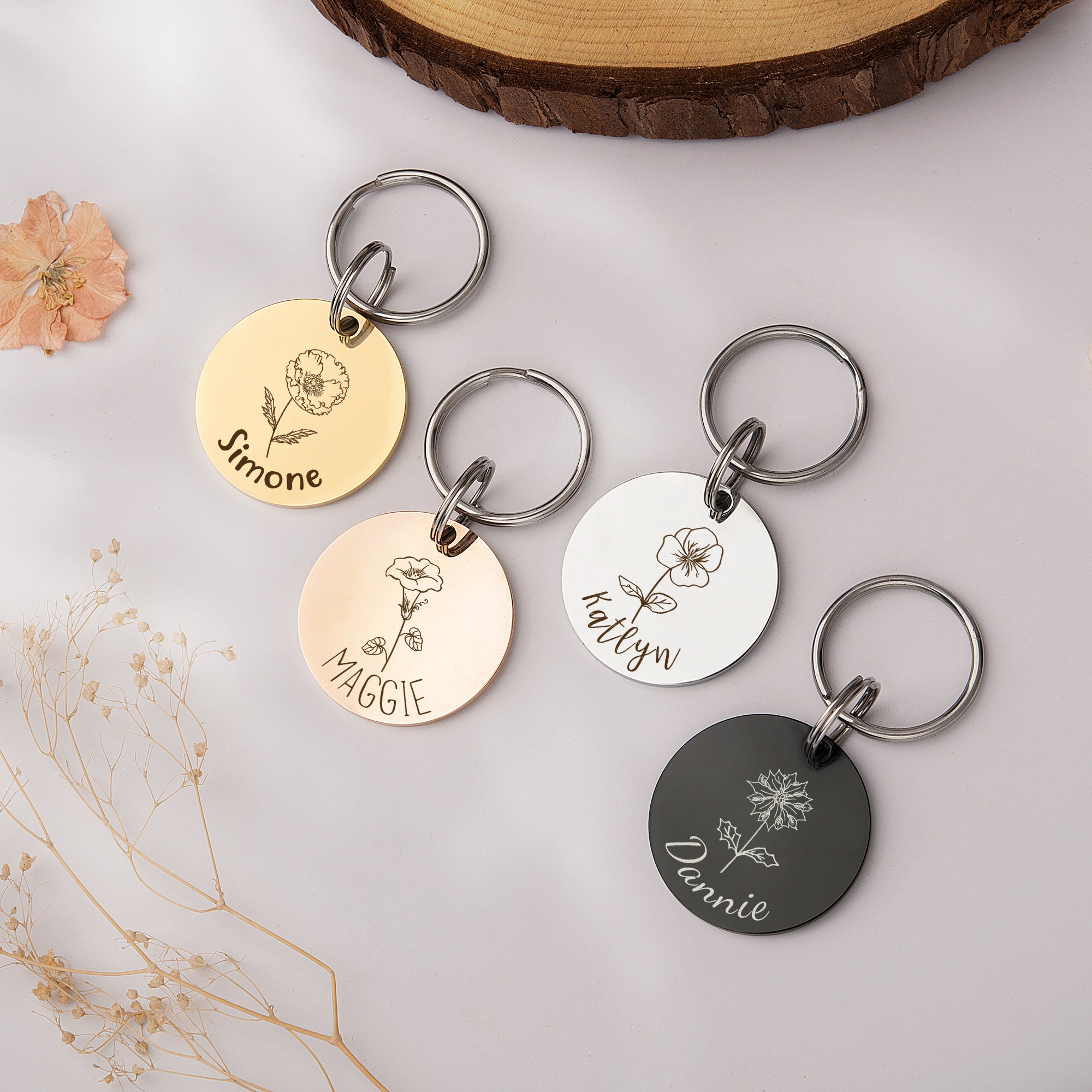 Round Birth Flower ID Tag for Cats and Dogs