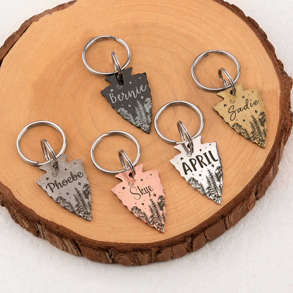 Personalized Arrowhead Shaped Woods and Stars Themed Pet ID Dog Tag