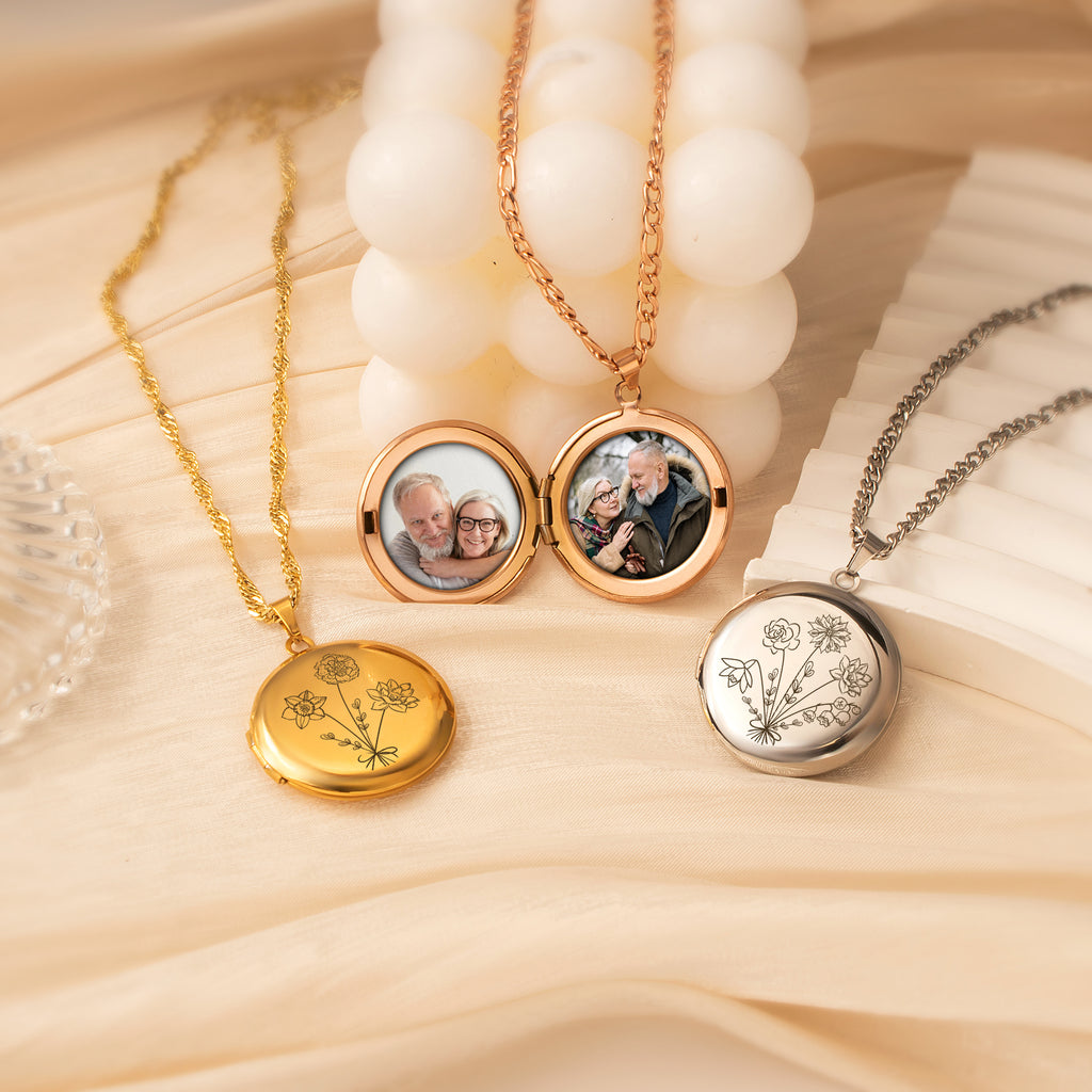 Round Birth Flower Bouquet Photo Locket Necklace
