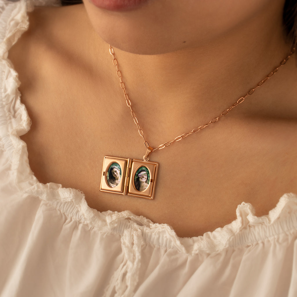 Square Birth Flower Photo Locket Necklace