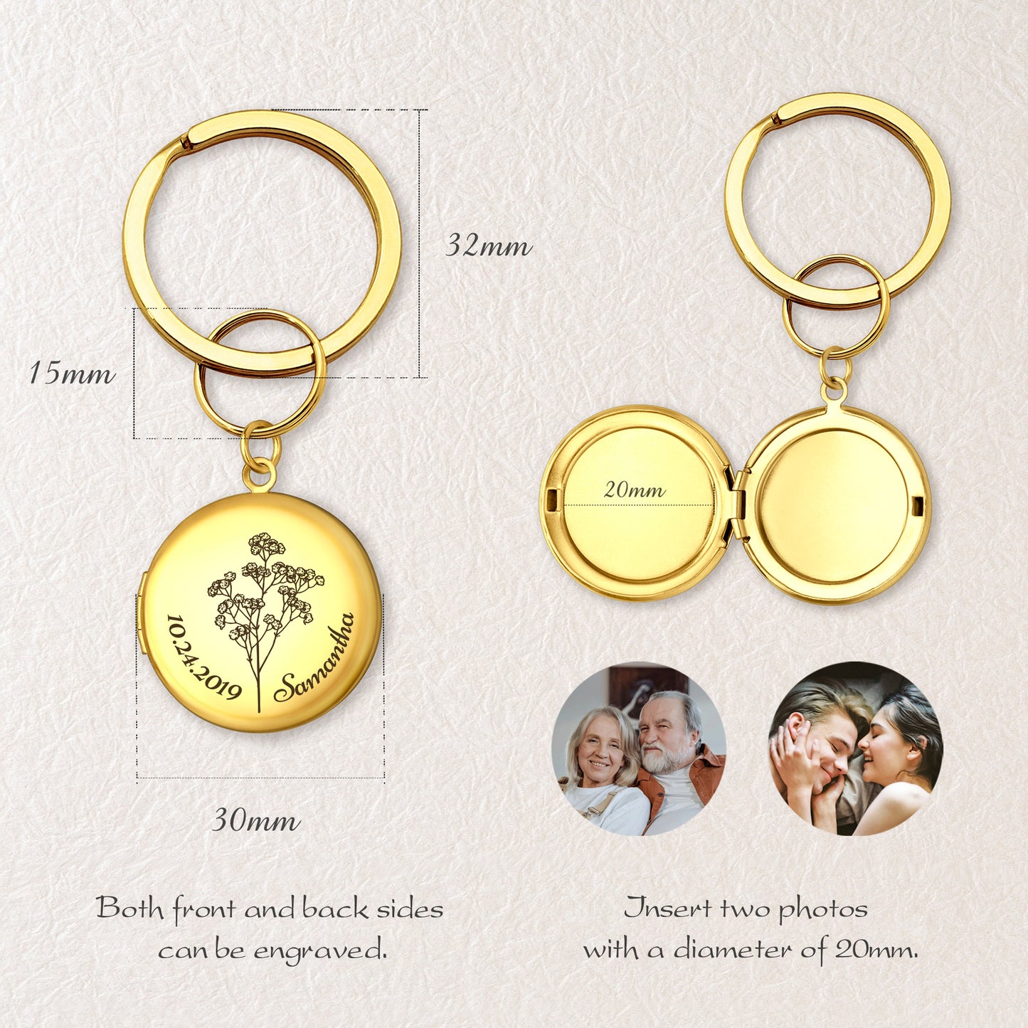 Custom Flower, Name, and Date Photo Locket Key Chain