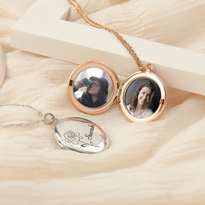 Custom Birth Flower and Name Photo Locket Necklace