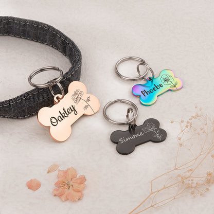 Customized Dog Bone Shaped Birth Flower ID Tag for Dogs