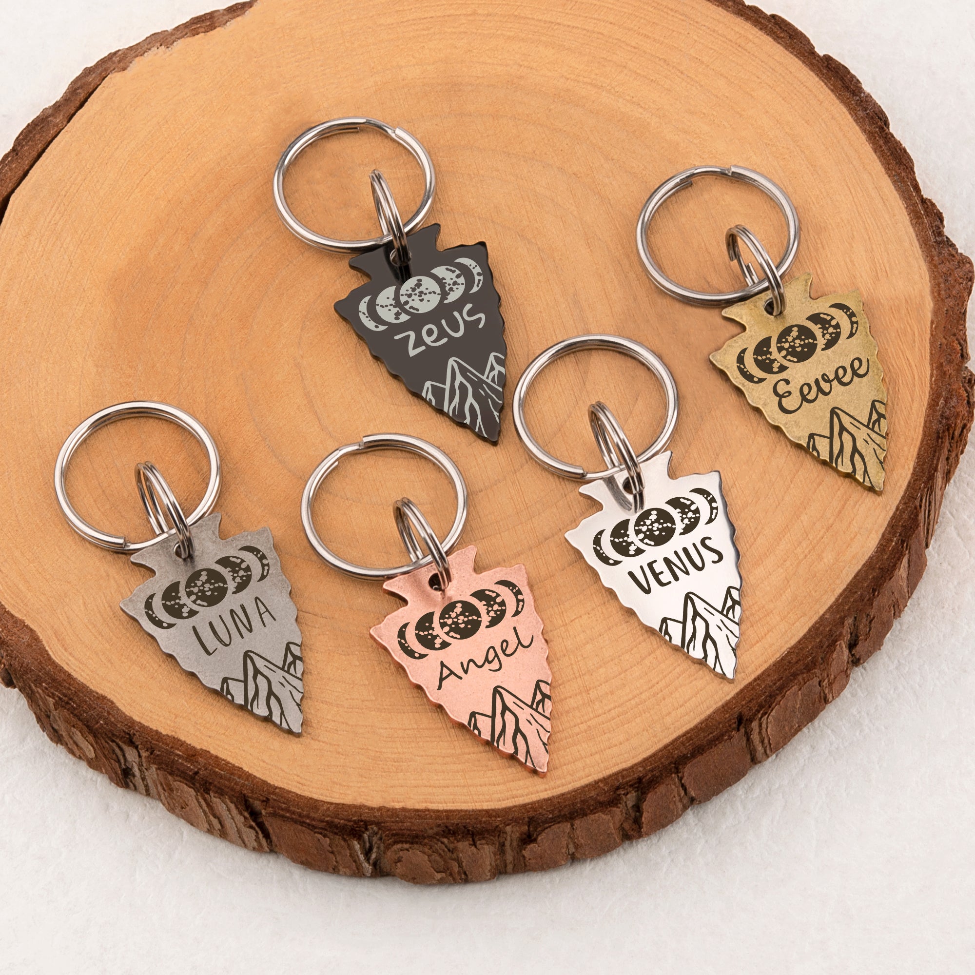 Personalized Arrowhead Shaped Moon Phase Themed Pet ID Dog Tag
