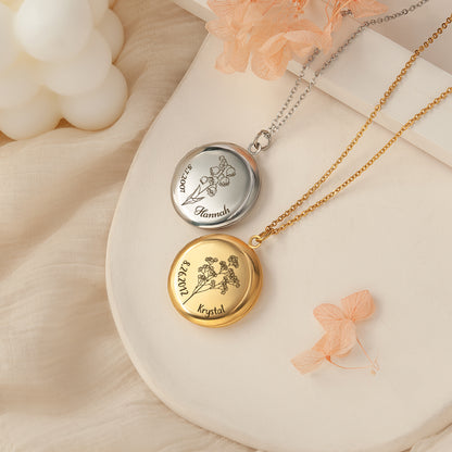 Custom Birth Flower Name and Date Photo Locket Necklace