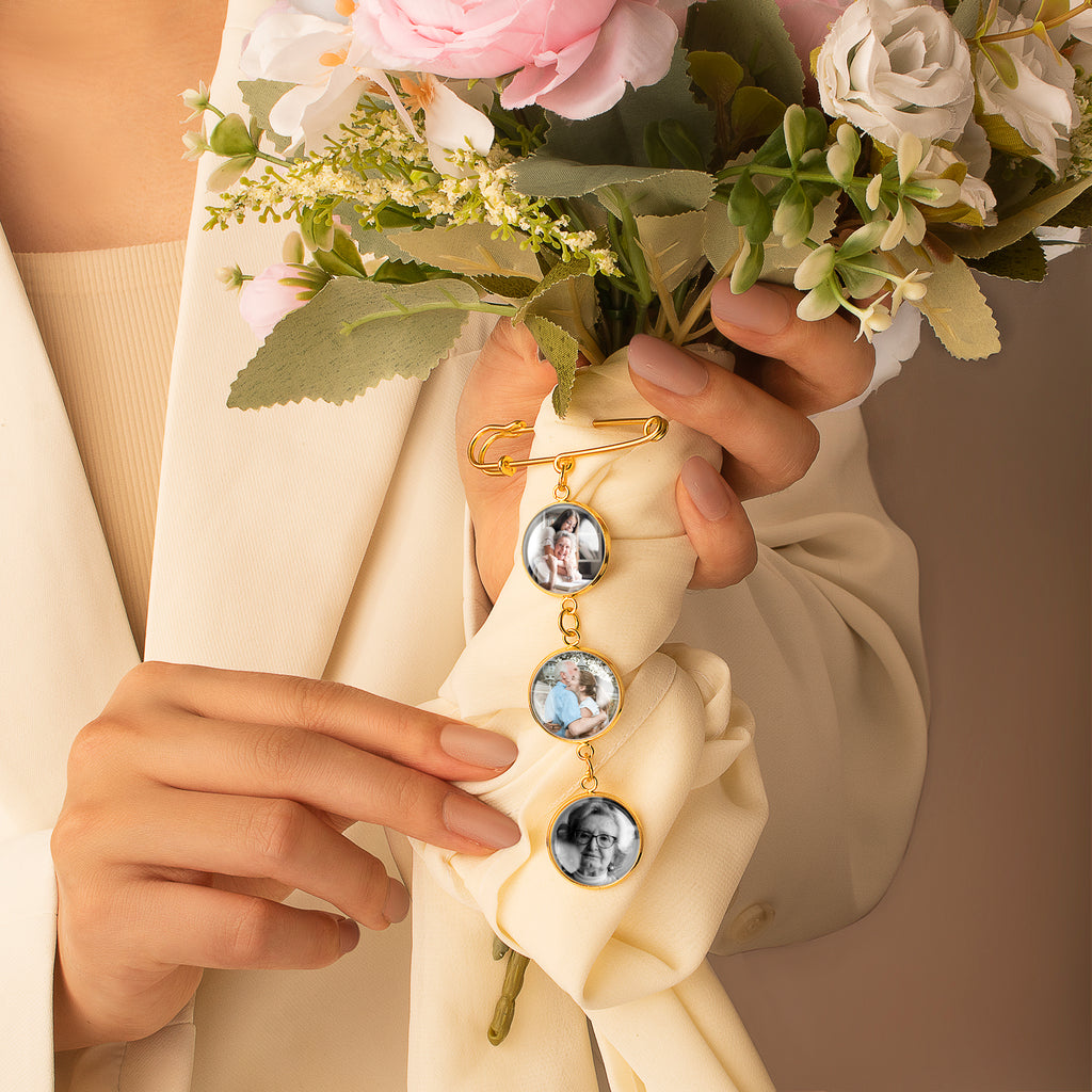 Vertical Wedding Round Photo Brooch Pin