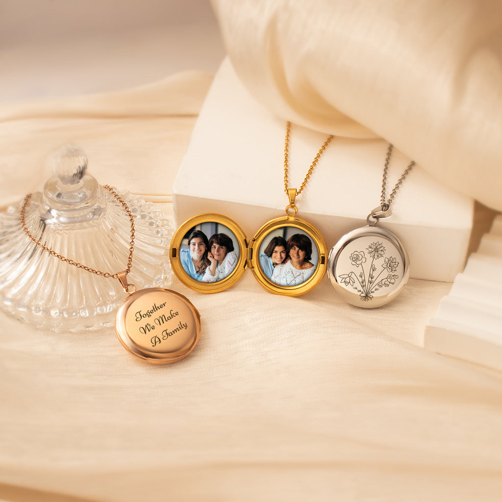 Round Birth Flower Bouquet Photo Locket Necklace