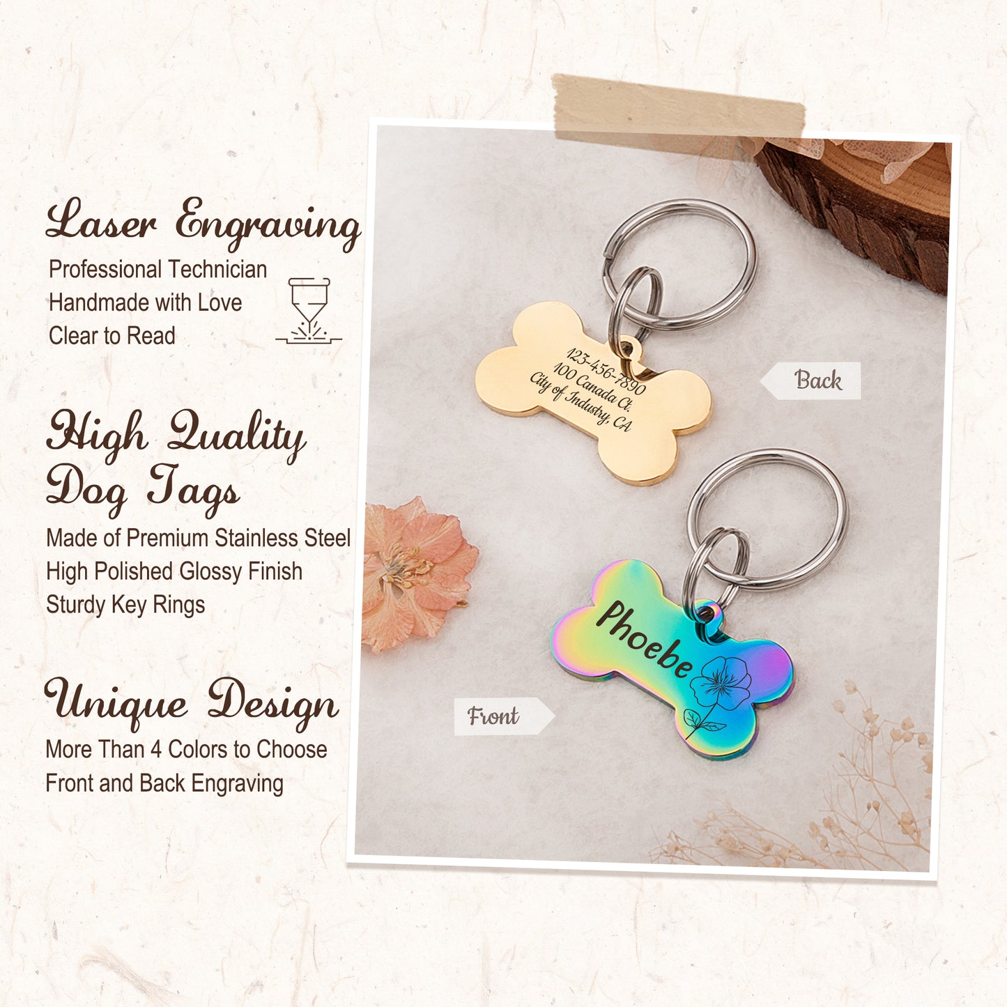 Customized Dog Bone Shaped Birth Flower ID Tag for Dogs