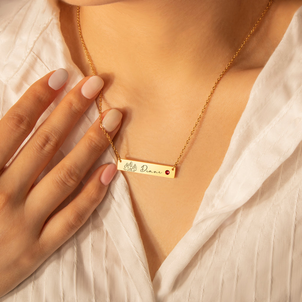 Birthstone Bar Flower and Name Necklace