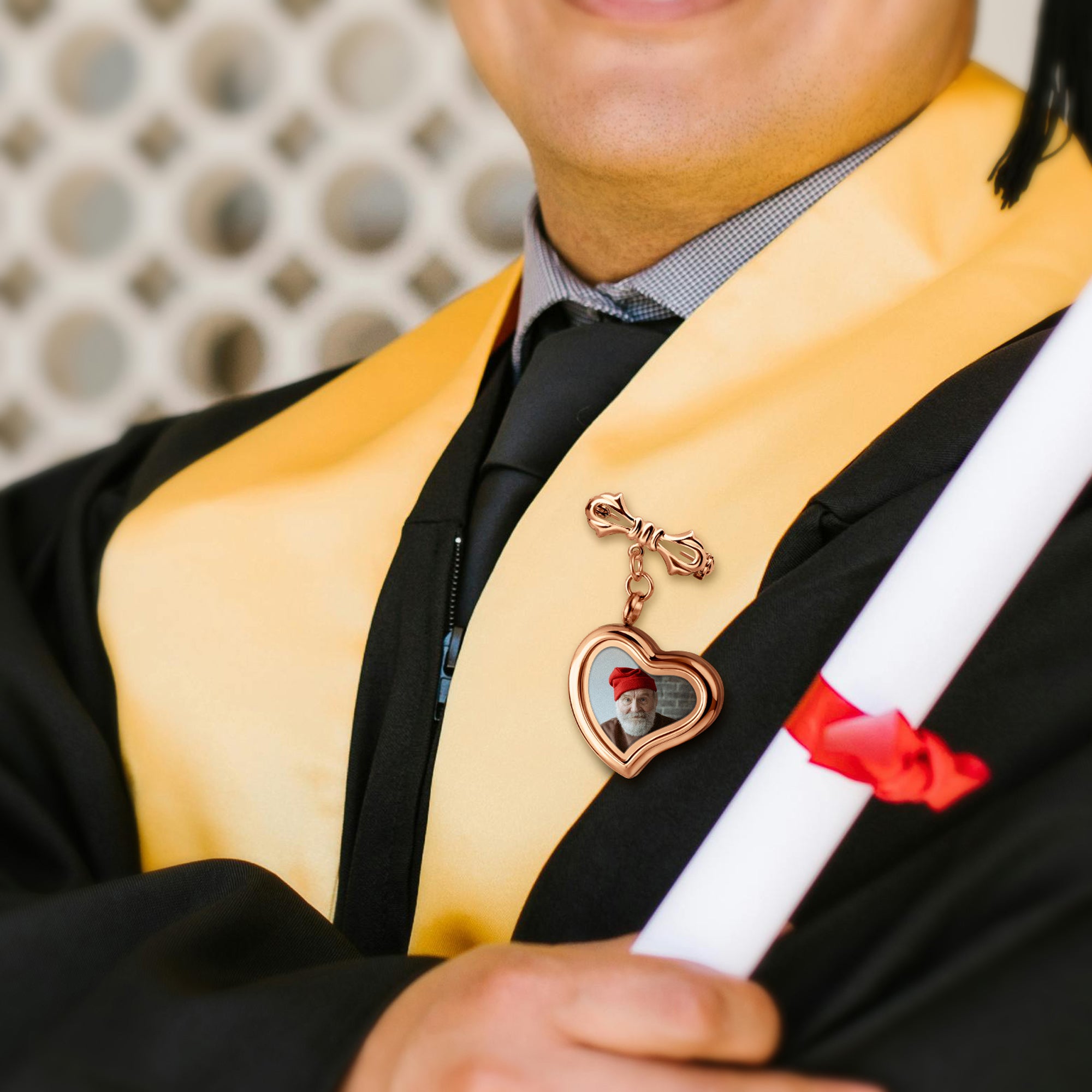 Glass Sideways Heart Graduation Photo Locket Brooch Pin