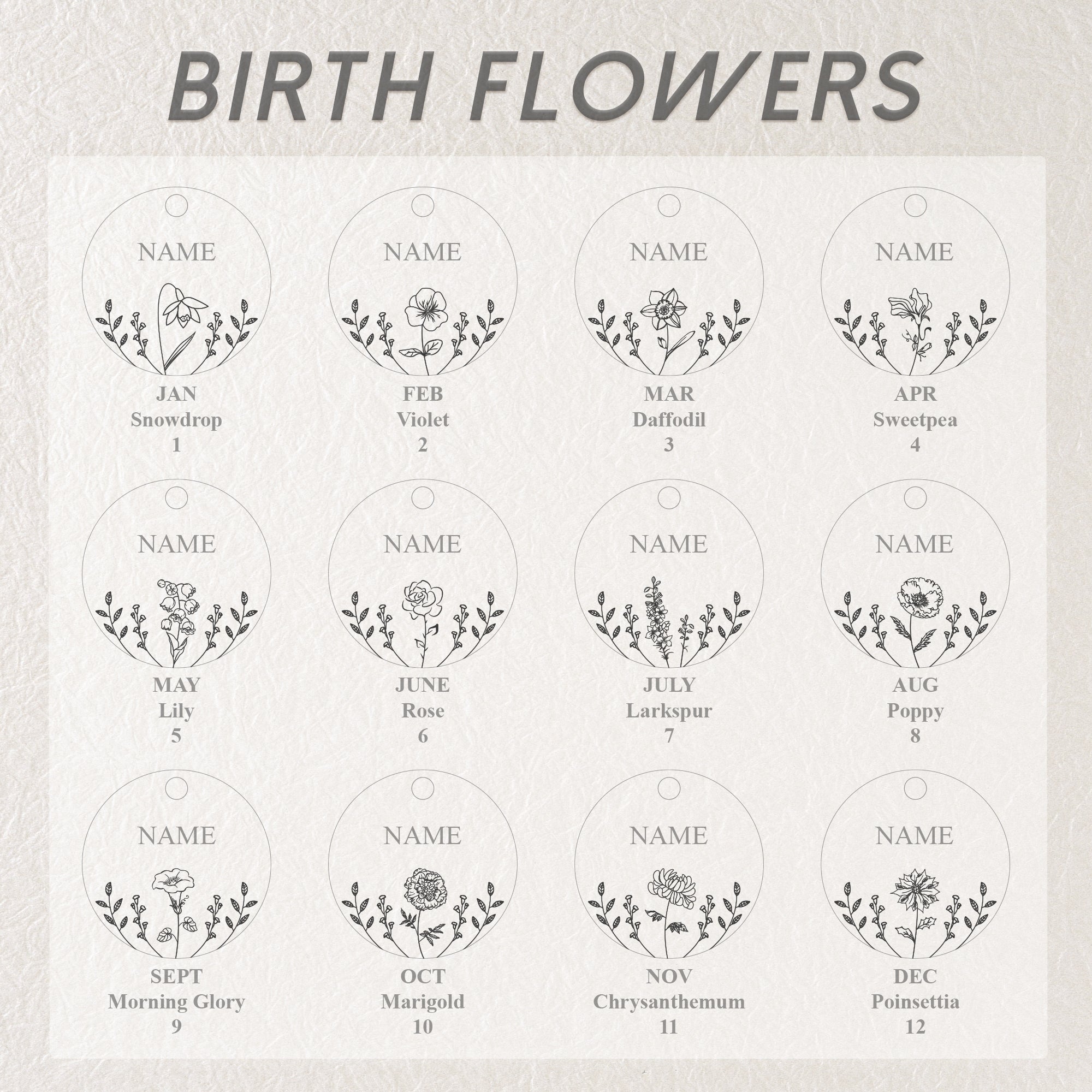 Round Birth Flower Pet ID Dog Tag