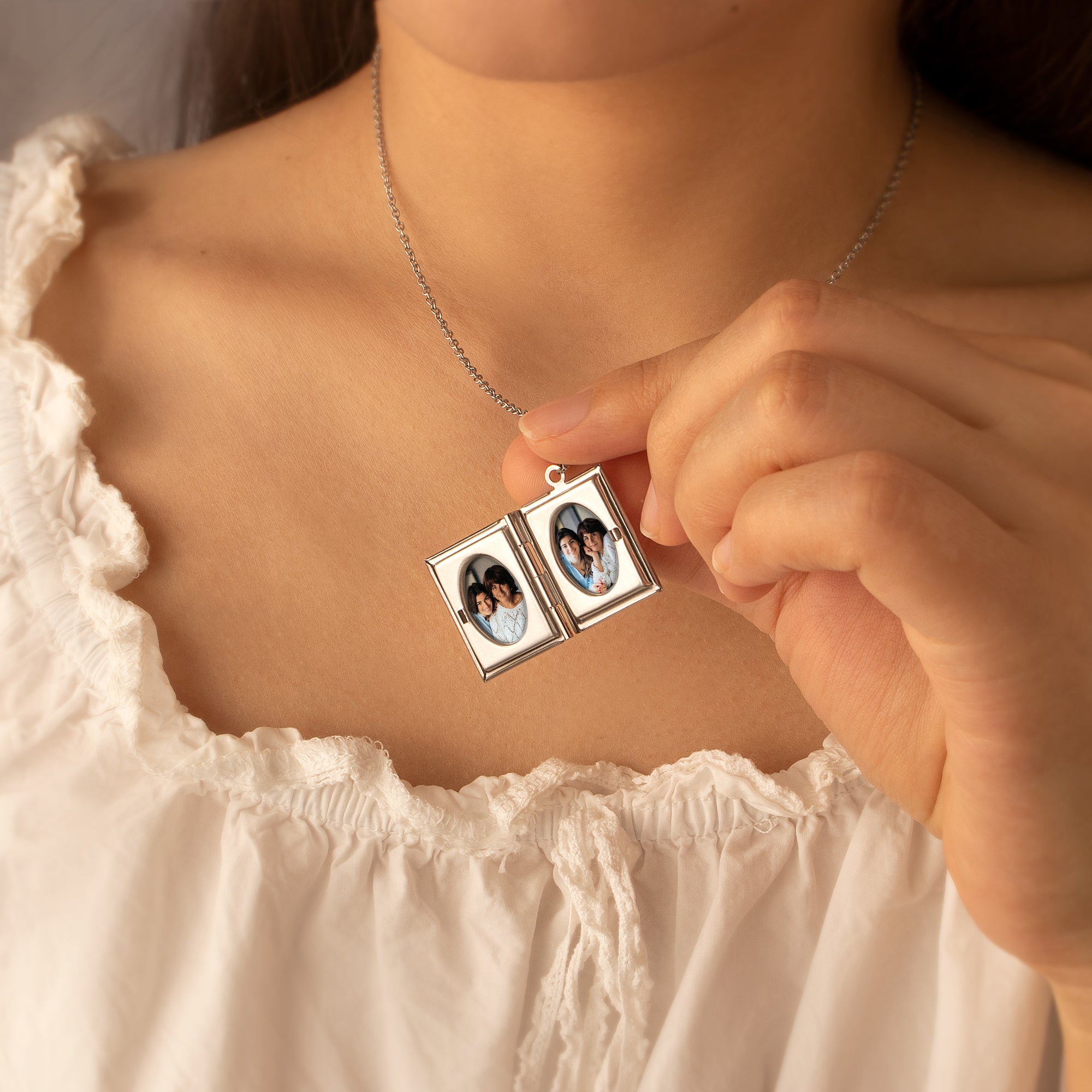 Square Birth Flower and Name Photo Locket Necklace