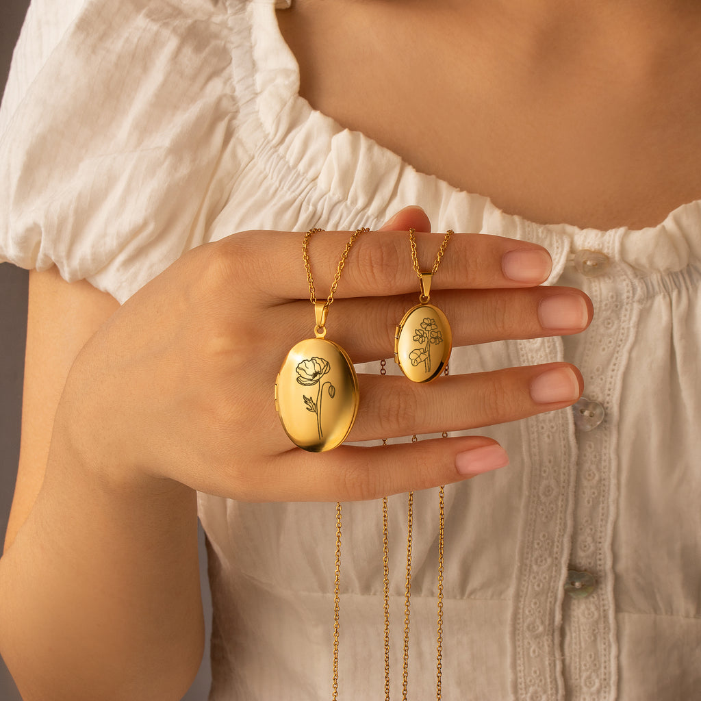 Oval Birth Flower Photo Locket Necklace